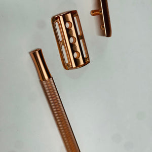 Premium brass safety razor handle detail and engraving