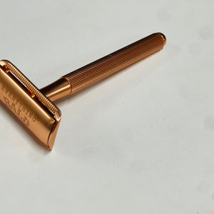 Premium brass safety razor handle detail and engraving
